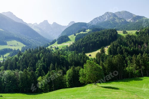 Preview: Panoramic view of green alpine meadows and mountains