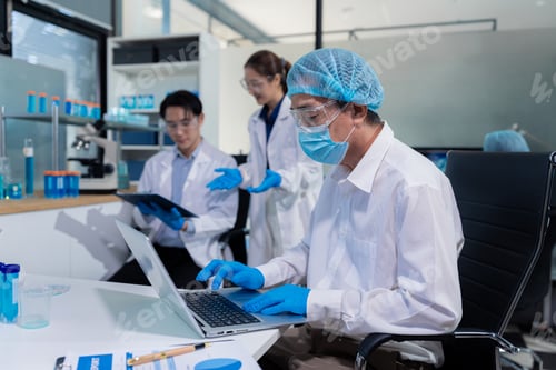 Preview: Doctor holds a test tube takes the test from a test tube in analysis, blood, DNA, test tube stand.