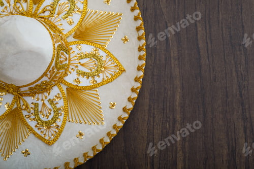 Preview: Mexican charro hat on wooden table. Mariachi hat. Typical mexican sombrero.