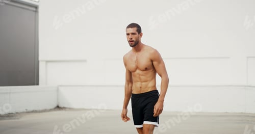 Preview: Man, shirtless and training in city, outdoor and workout for muscle growth in summer, health or wel