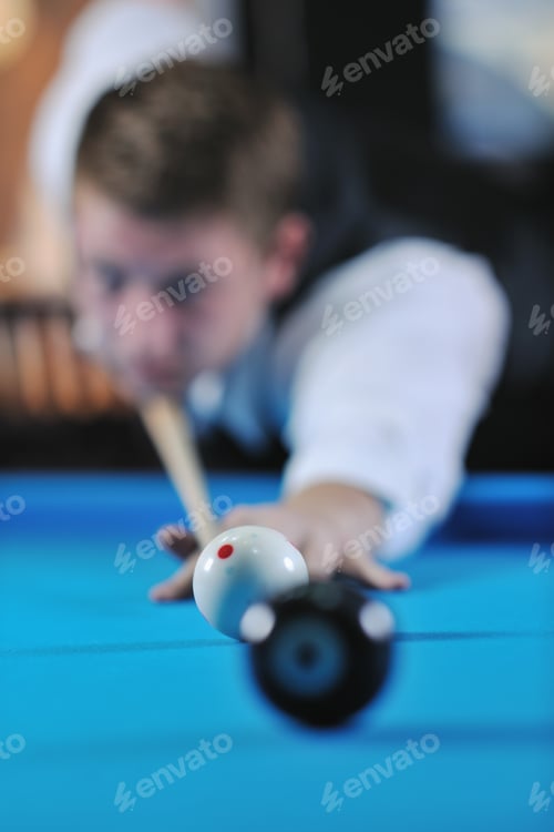 Preview: young man play pro billiard game