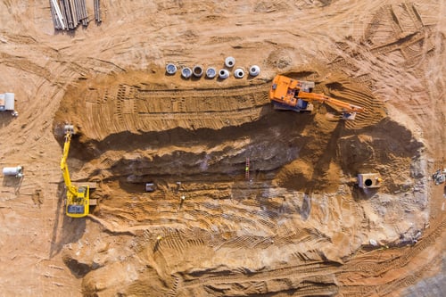 Preview: On the construction site, an excavator digs a pit in preparation for the installation of sewer lines