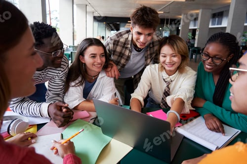 Preview: Multiracial group of university students sitting in the cafeteria studying together after classes.