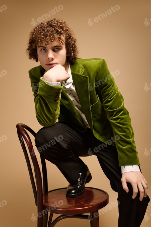 Preview: Curly teenage boy showcases style in green velvet blazer during studio shoot
