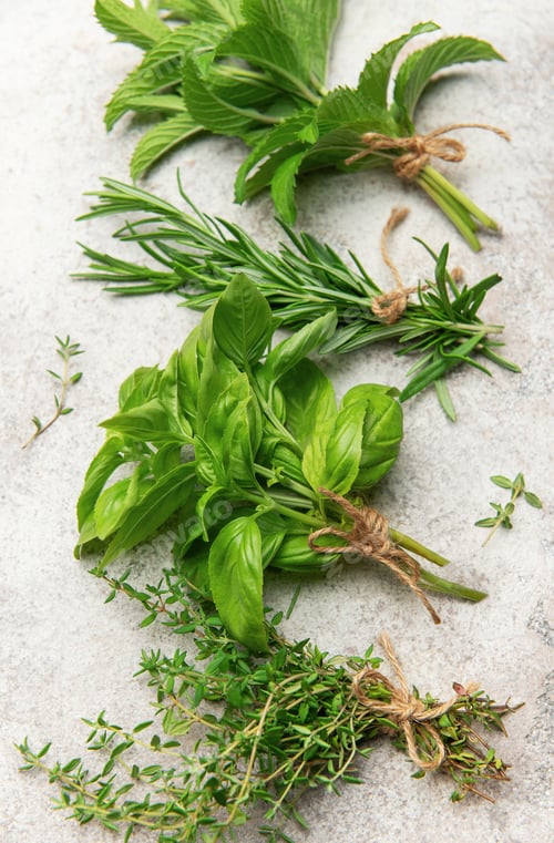 Preview: Freshly picked herbs tied in bunches on a textured surface