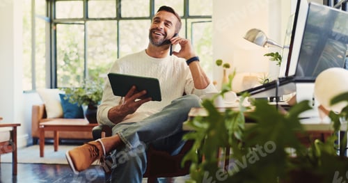 Preview: Remote work, tablet and man with phone call for networking, discussion and planning with news sourc