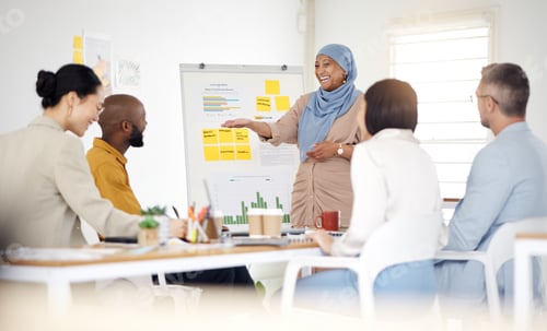 Preview: Happy woman, coaching and whiteboard in presentation, meeting or team planning together at office.