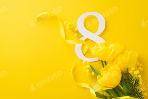 Preview: Radiant Women's Day motif. Top view photo of a generous bunch of tulips and mimosa flowers