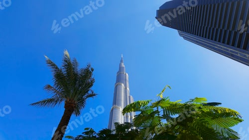 Preview: Ground angle of blue sky with tall buildings around. Action. Giant skyscrapers and summer nature.