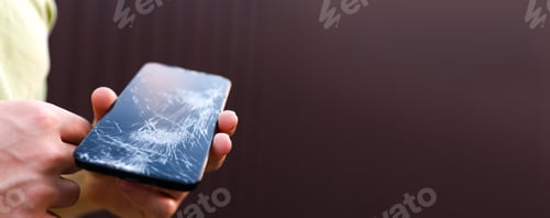 Preview: A person hand holds a phone with a severely cracked and broken screen