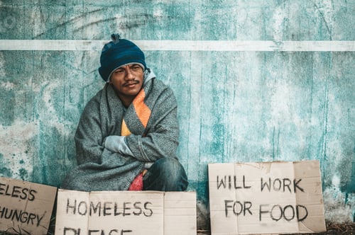 Preview: The beggars sat beside the street with a homeless message. Please help and work with food.