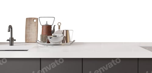 Preview: Various kitchen items including pots, bowls, and utensils are neatly arranged on a countertop