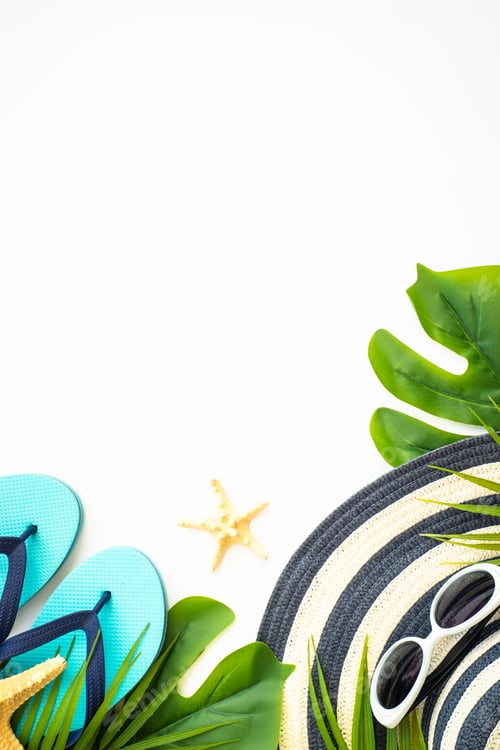 Preview: Summer flat lay background, sea vacation on white.