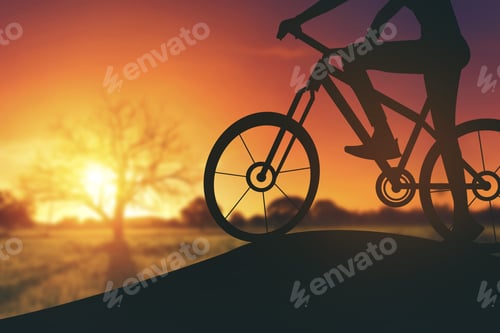 Preview: Silhouette Of A Woman On Muontain Bike, Sunset.Vintage Color