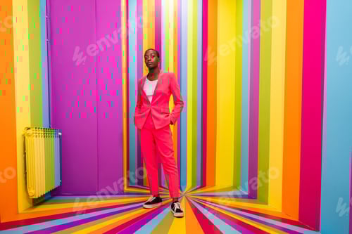 Preview: Beautiful young woman dancing and having fun inside a rainbow box room