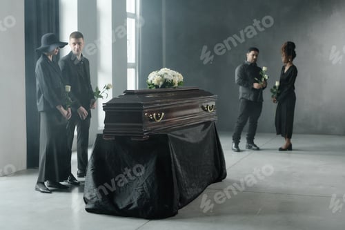 Preview: Group of Young Adults Mourning Beside Coffin during Funeral Ceremony Indoors