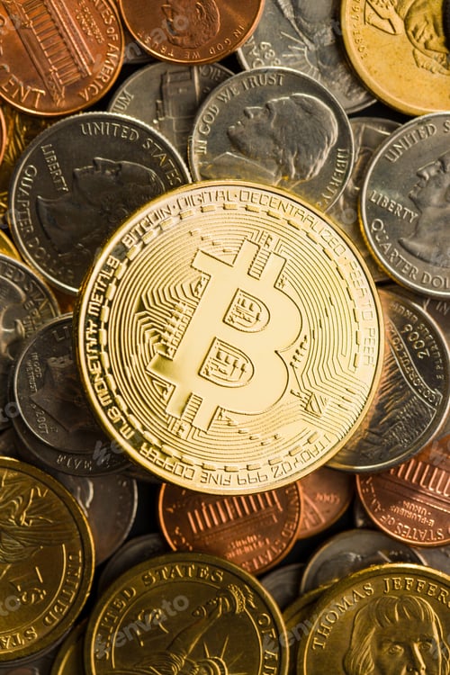 Preview: Golden bitcoins. Digital cryptocurrency.