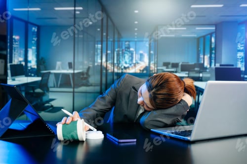 Preview: Exhausted businesswoman asleep at office desk with laptop and coffee. Concept of burnout, overtime,