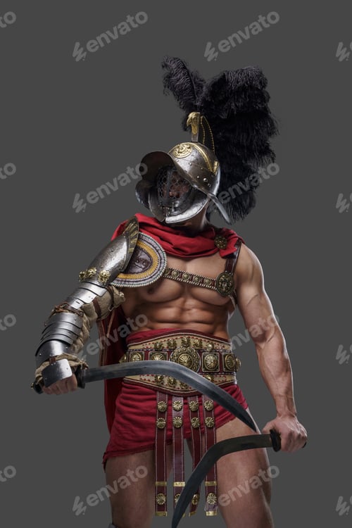 Preview: Violent roman gladiator with helmet and twin swords