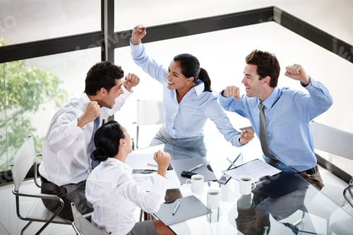 Preview: Teamwork, happiness and success with business people in office for project, support or community. P