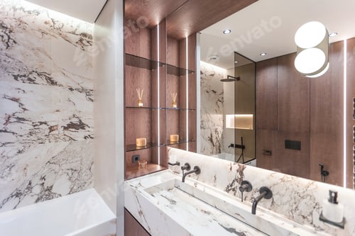 Preview: Luxurious minimalist bathroom in modern townhouse