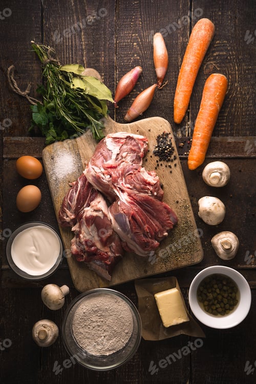 Preview: Ingredients for blanquette on the wooden table