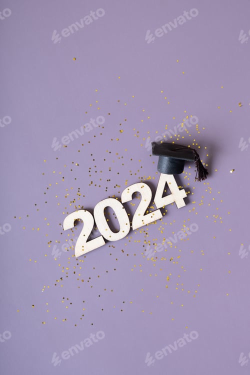 Preview: Class of 2024 concept. Number 2024 with graduated cap and confetti on purple background