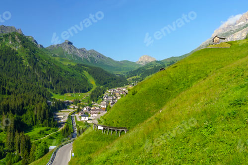 Preview: Mountain landscape along the road to Campolongo pass, Dolomites