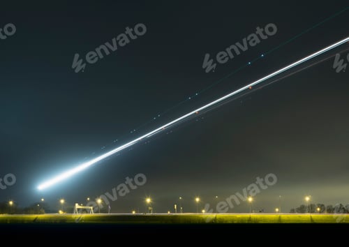 Preview: Night shot of airplane approaching Schiphol airport, Amsterdam, Netherlands