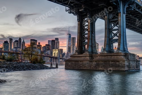 Preview: One of the bridge piers of the Manhattan Bridge in New York after sunset