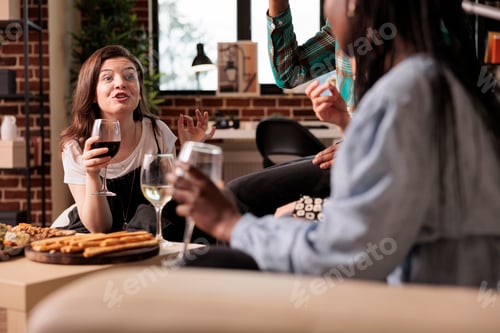 Preview: Exalted woman shouting at friends dinner