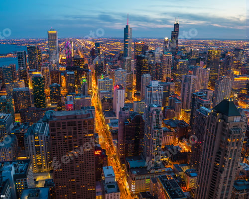 Preview: Aerial shot of Chicago's skyscrapers during sunset