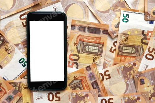 Preview: smartphone with blank display mockup screen on 50 euro banknotes. Money paper. Concept business