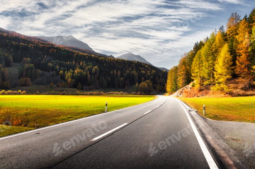 Preview: Amazing view of alpine road, orange larch forest and high mountains