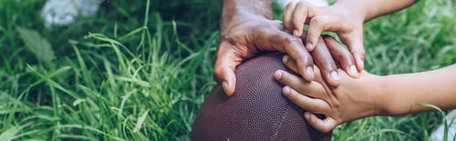 Preview: partial view of african american father and son touching rugby ball, panoramic shot