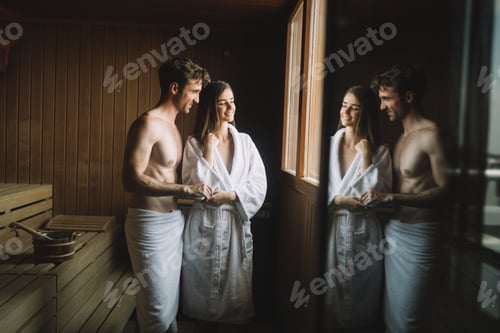 Preview: Attractive man and beautiful woman relaxing together in sauna