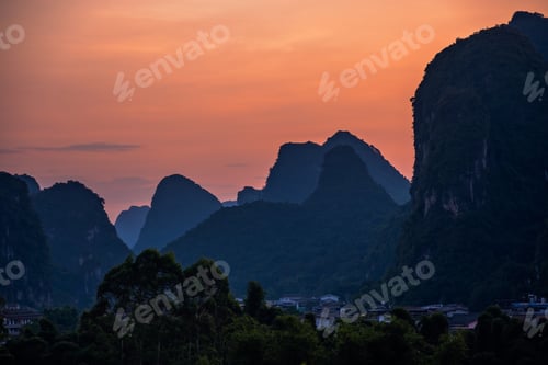 Preview: Yangshuo landscape panorama at dusk
