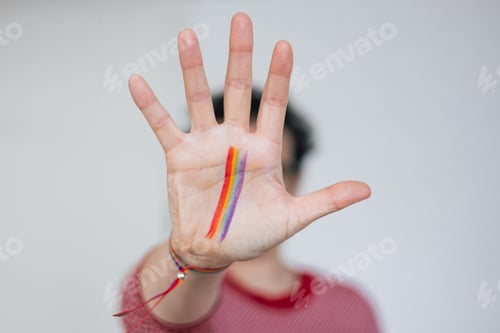 Preview: rainbow flag in the palm of the hand of an unrecognizable person