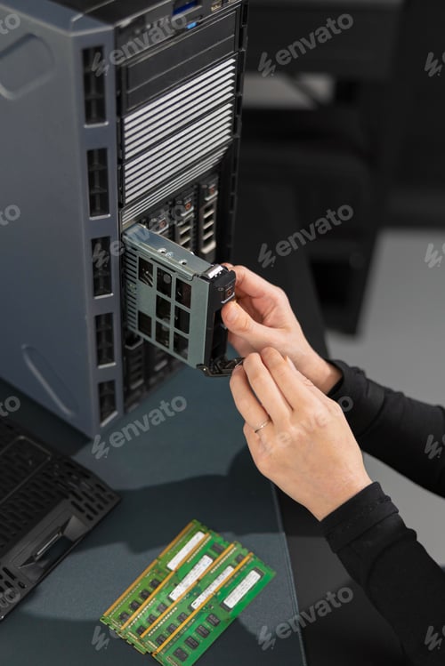Preview: Female IT technician installs PCIe expansion card into server rack during maintenance and upgrade
