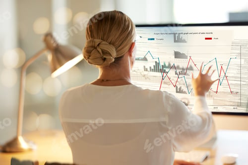 Preview: Data analytics, computer screen and woman digital review, finance and market research for business