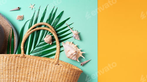 Preview: Summer fashion flat lay. Stylish straw bag, hat, palm leaves, shells on trendy yellow and green