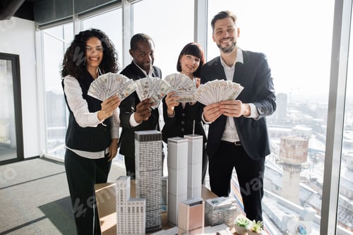 Preview: Team of diverse multiethnic business people holding bundle of american dollar cash money