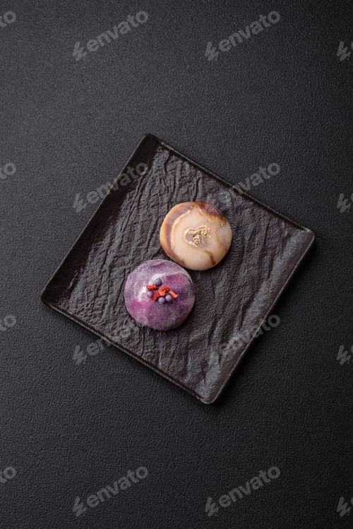 Preview: Delicious cold Japanese mochi dessert with colorful rice dough shell and fruit filling