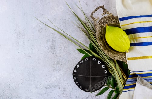 Preview: Ritual Jewish festival of Sukkot in the jewish religious symbol Etrog, lulav kippah and tallit