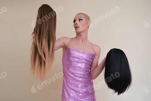 Preview: Drag queen person wearing sequined pink dress choosing a wig.