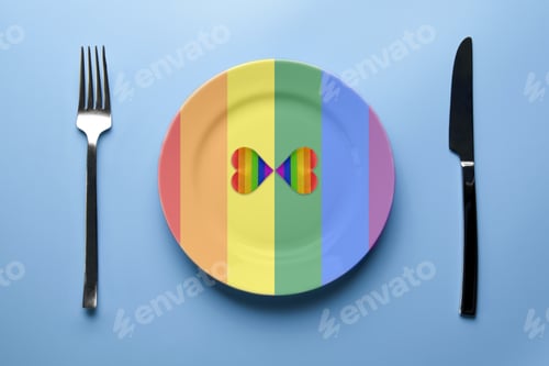 Preview: Two hearts in LGBT flag colors in plate. Romantic gay community dating Dinner without discrimination