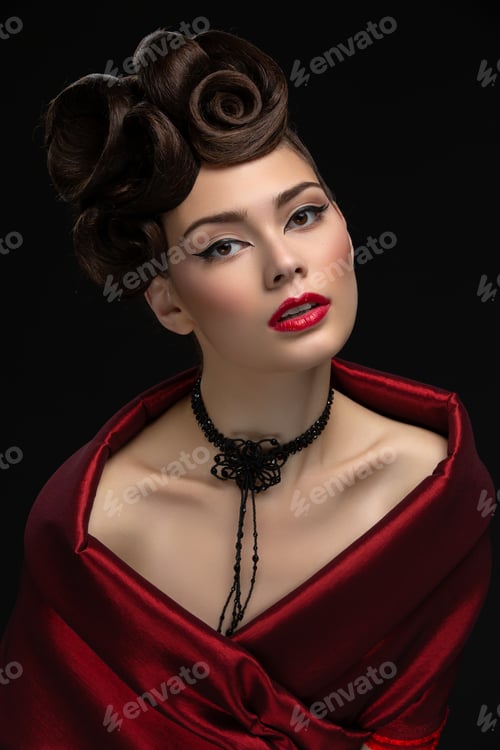 Preview: beautiful young woman with fancy hairdo and red lips