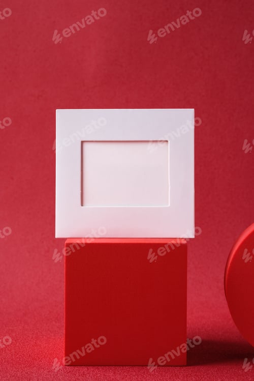 Preview: mockup blank paper frame with pedestal on red background