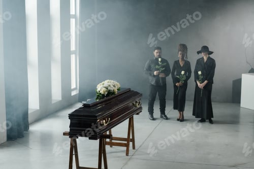 Preview: Group of Young Adults Mourning near Coffin during Funeral Ceremony Indoors