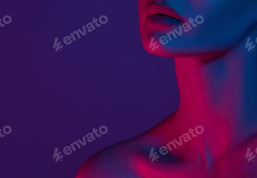 Preview: Woman on pink blue neon background.